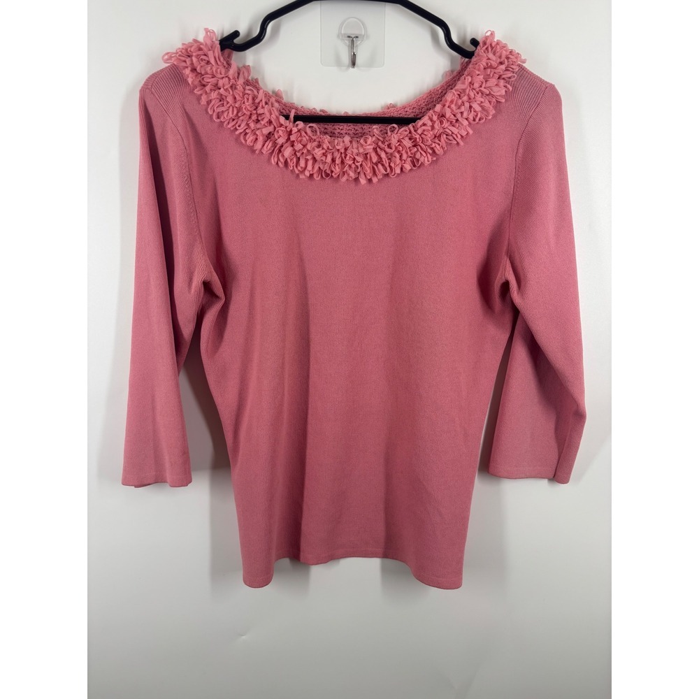 Joseph A. Womens Rose Pink Ruffle Neck 3/4 Sleeve Knit Top Sweater Size Medium